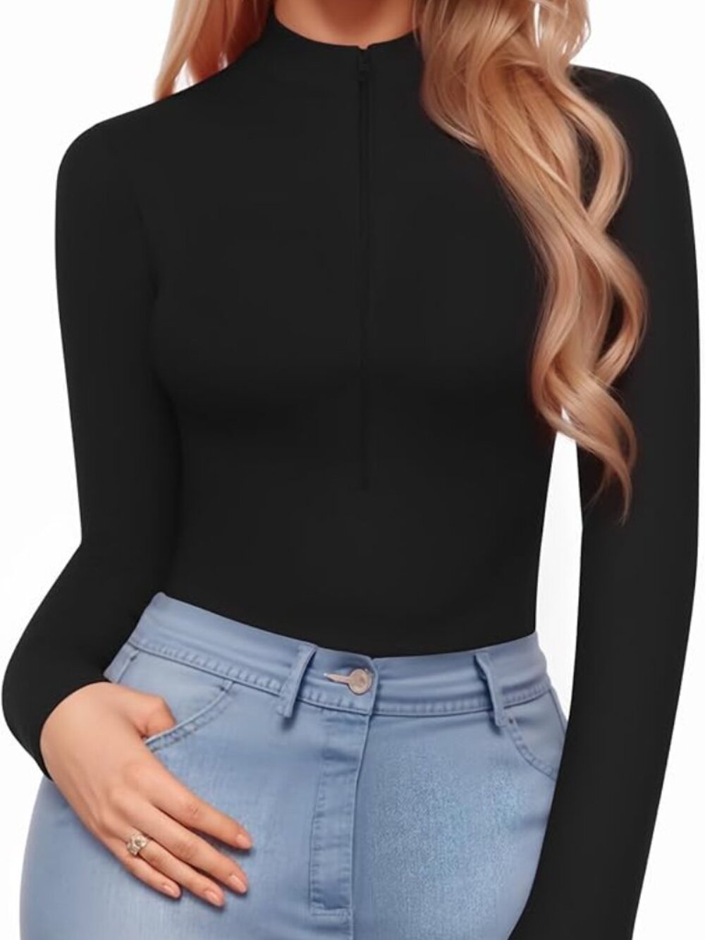 NWOT - HYZ Long Sleeve Bodysuit Mock Turtle Neck Zip Up - Picture 2 of 4
